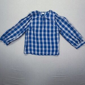 Old Navy Plaid Blouse‎ Women XS Good Blue White Henley Long Sleeve Checkered